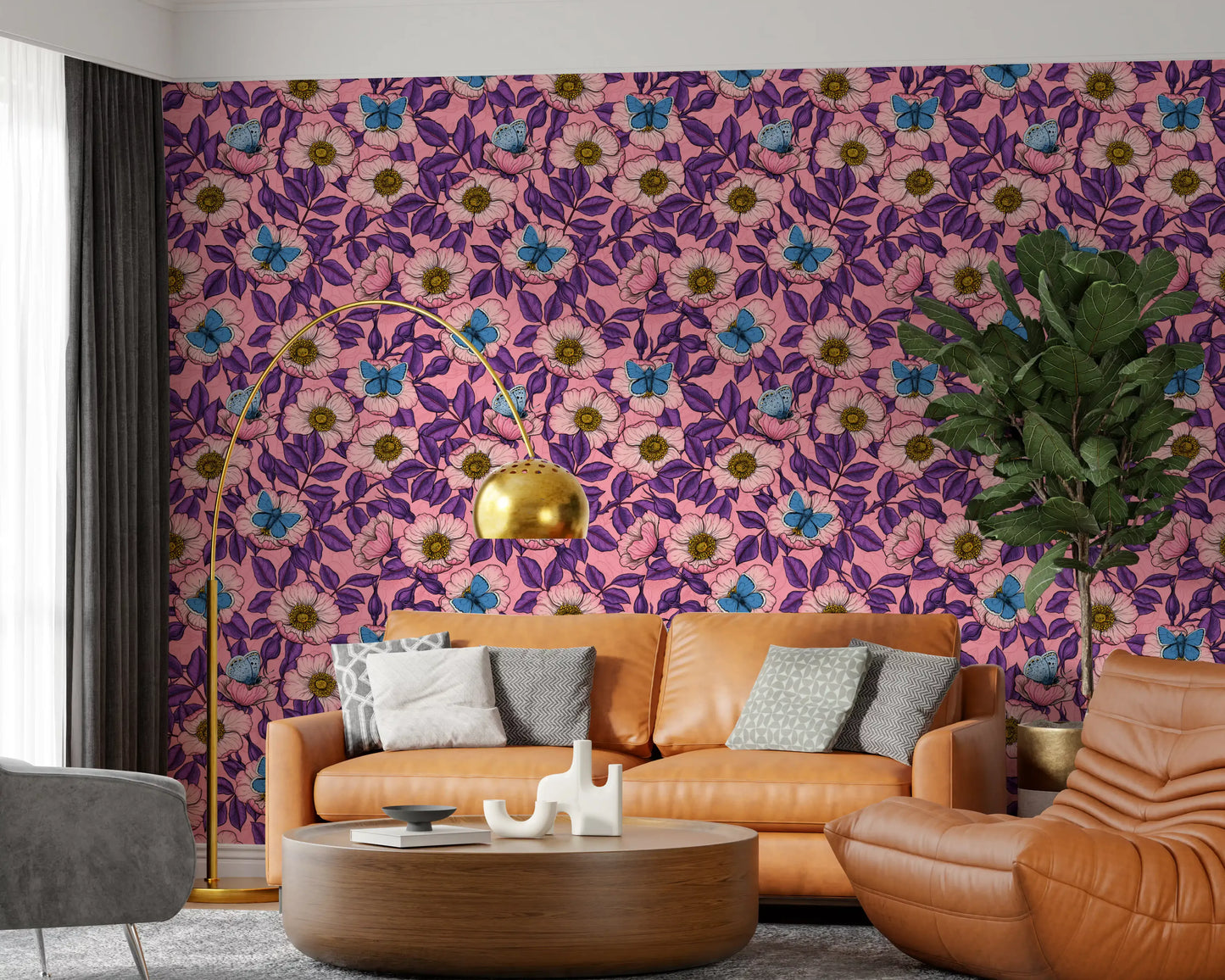 Dog Rose and Butterflies – Pink and Purple Floral Colored Line Art on pink Background Wallpaper⁠