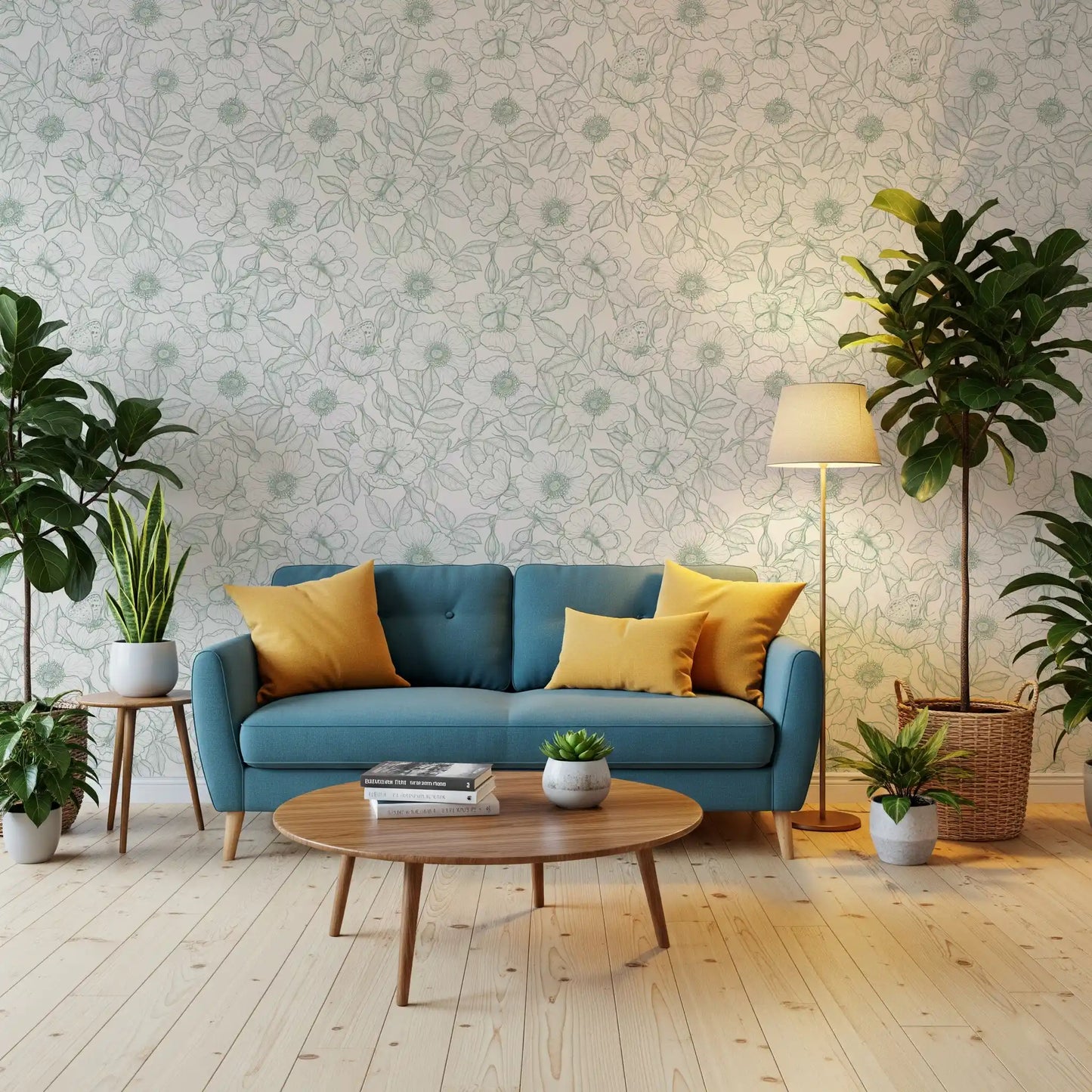 Sketched dog rose blooms scattered across green linework floral wallpaper
