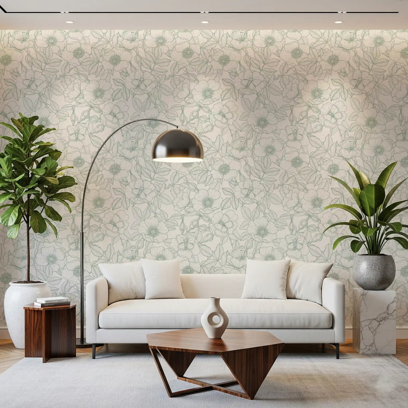 Dog rose and butterflies/Soft Green Linework Floral on Off‑White Wallpaper⁠