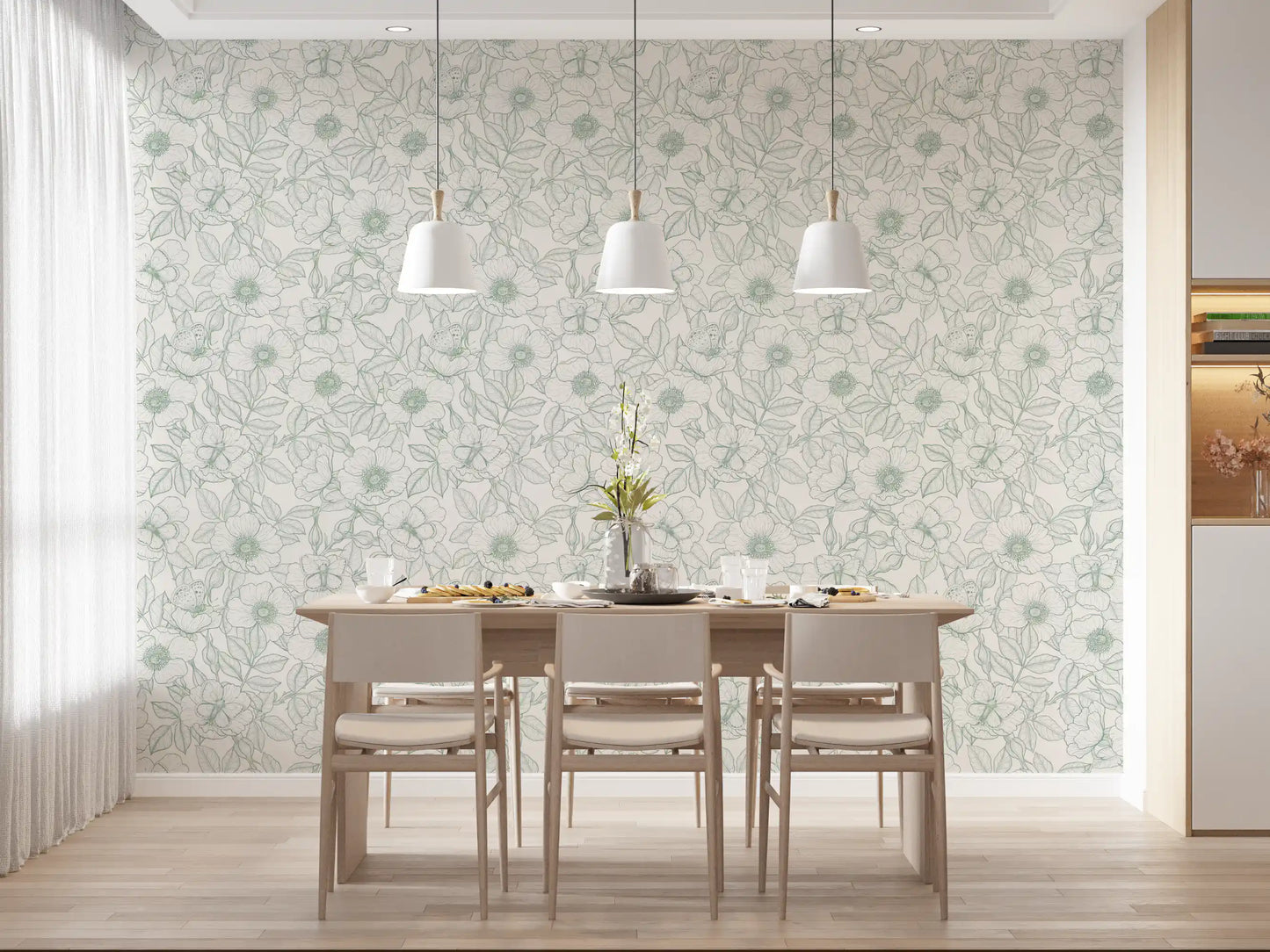 Dining room nook brightened by botanical dog rose wallpaper