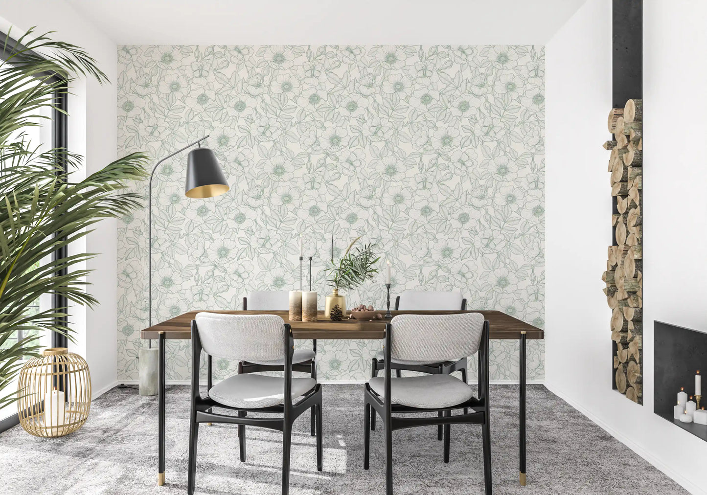 Dining room paired with hand-drawn Dog Rose and Butterflies wallpaper