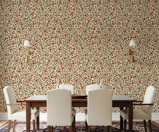 Dining room featuring Warm Folk Floral Vines wallpaper in coral and forest green