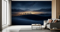 Lounge area featuring Camel Caravan Desert wall mural in misty tones

