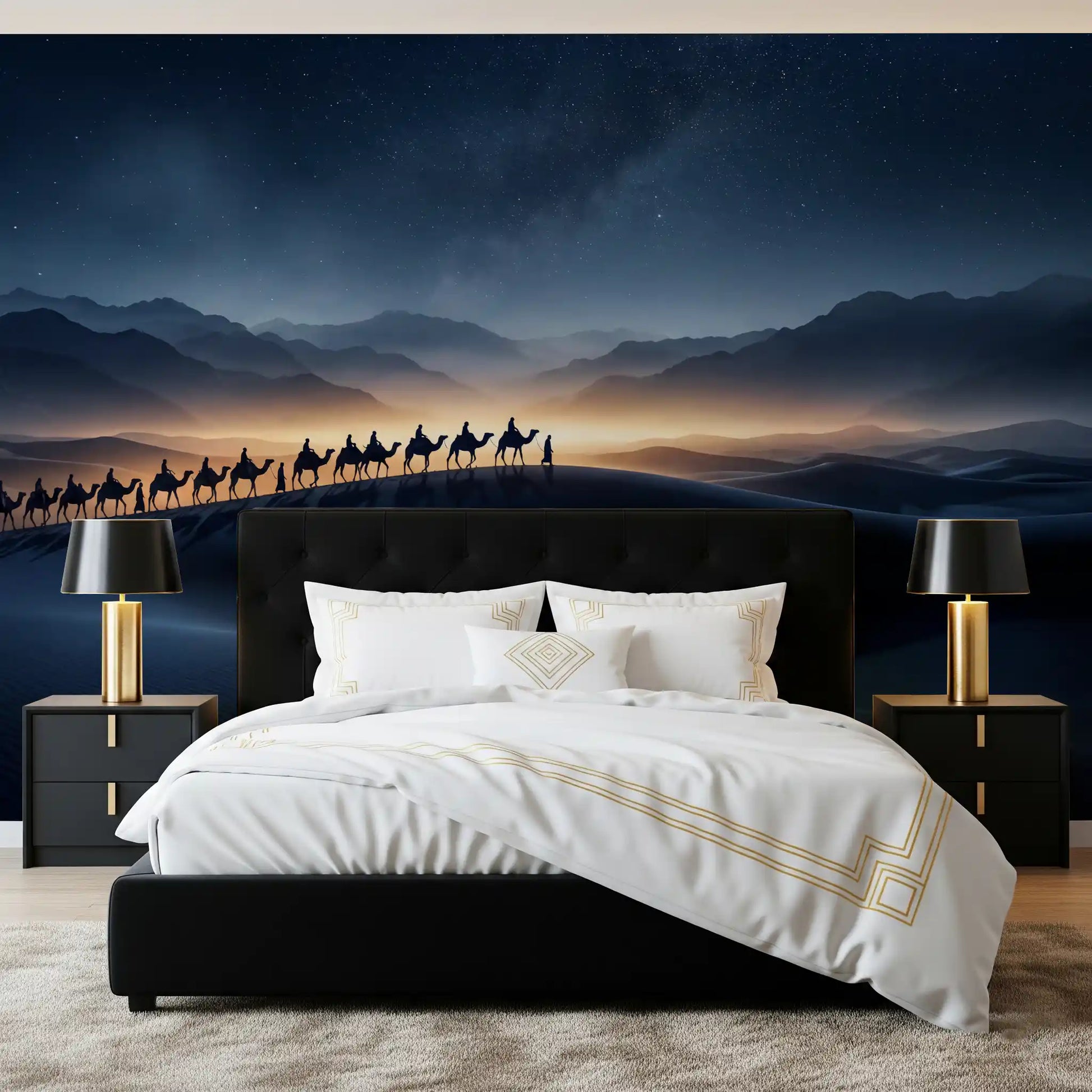 Camel caravan crossing moonlit dunes on Desert Odyssey starry wall mural