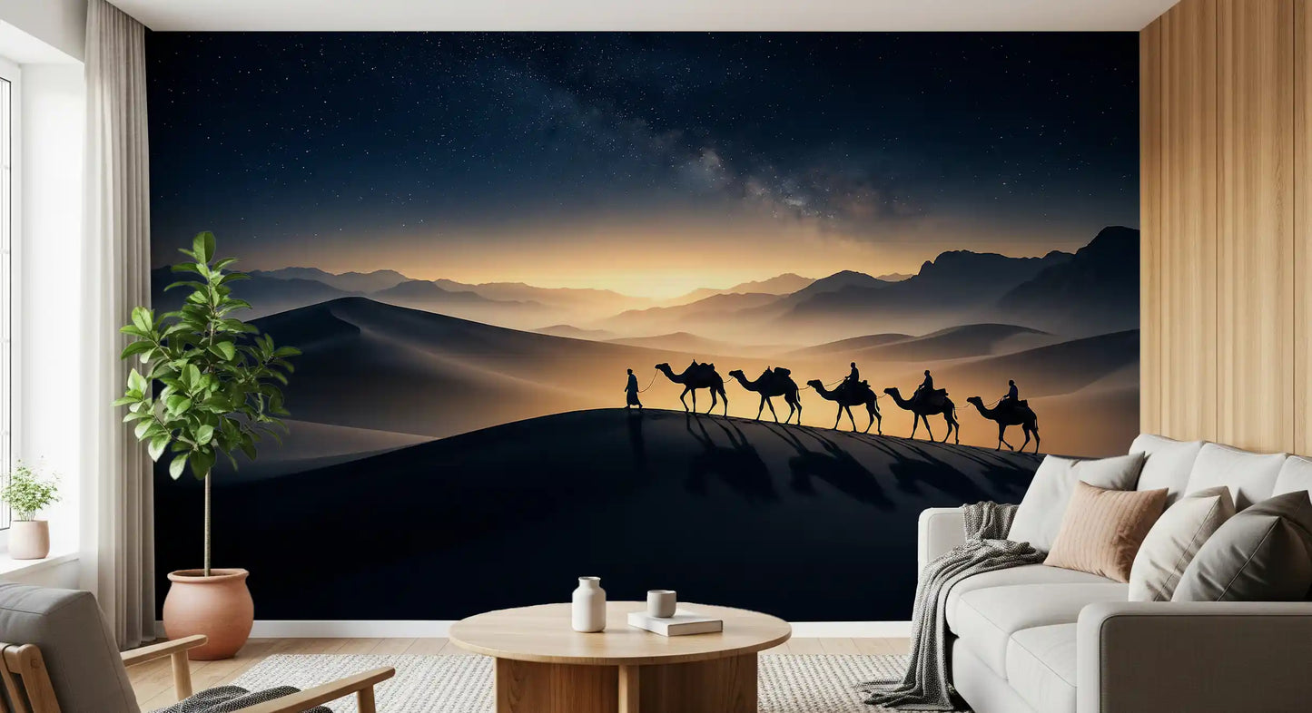 Camel caravan wall mural anchors the open lounge in a night sky mood