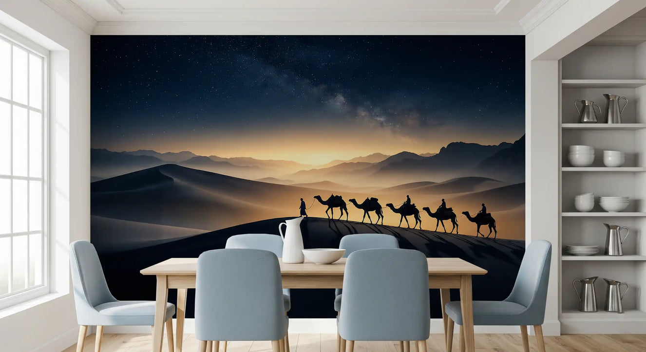 Dining room backdrop built around the Milky Way and desert caravan wall mura