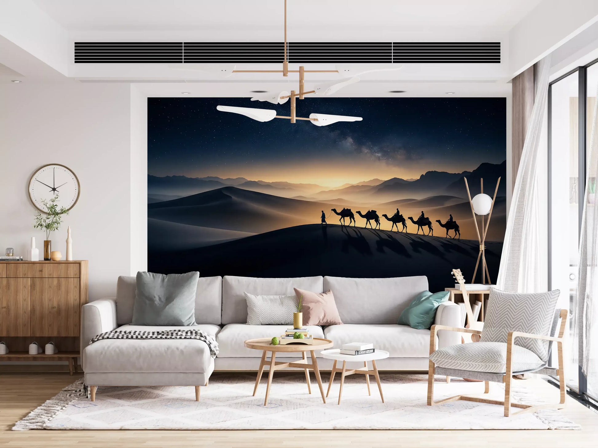 Night sky and dune horizon wrap the home office in the desert trek wall mural