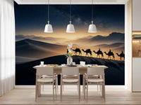 Hallway leading toward the desert trek beneath Milky Way wall mural in night tones