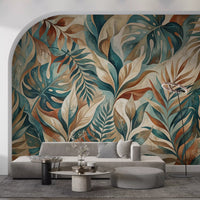 Teal blues and warm terracotta blending across Painterly Tropical Foliage wall mural