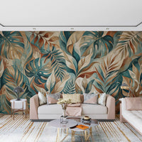 Loose foliage silhouettes layered over textured base of tropical wall mural
