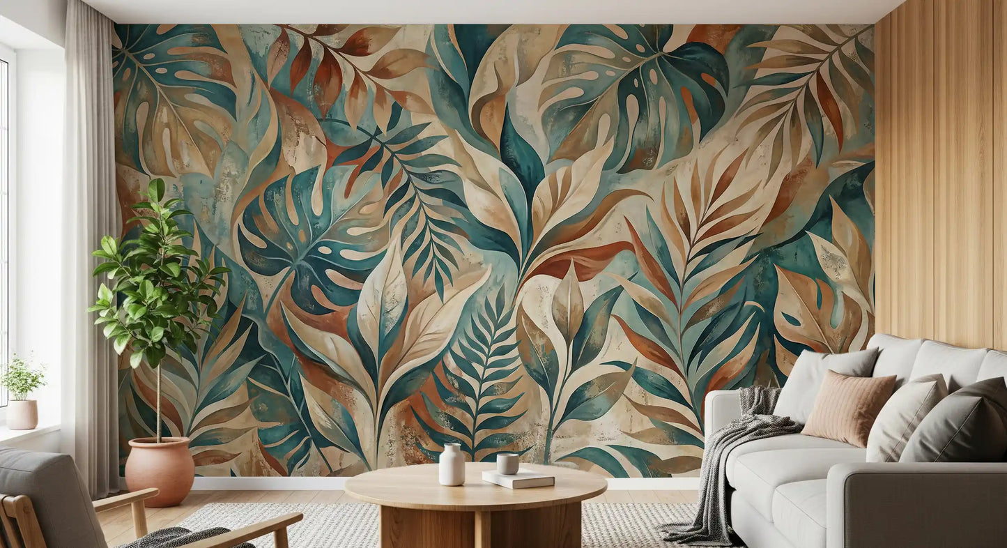 living room scene with bold painterly tropical leaf wall mural
