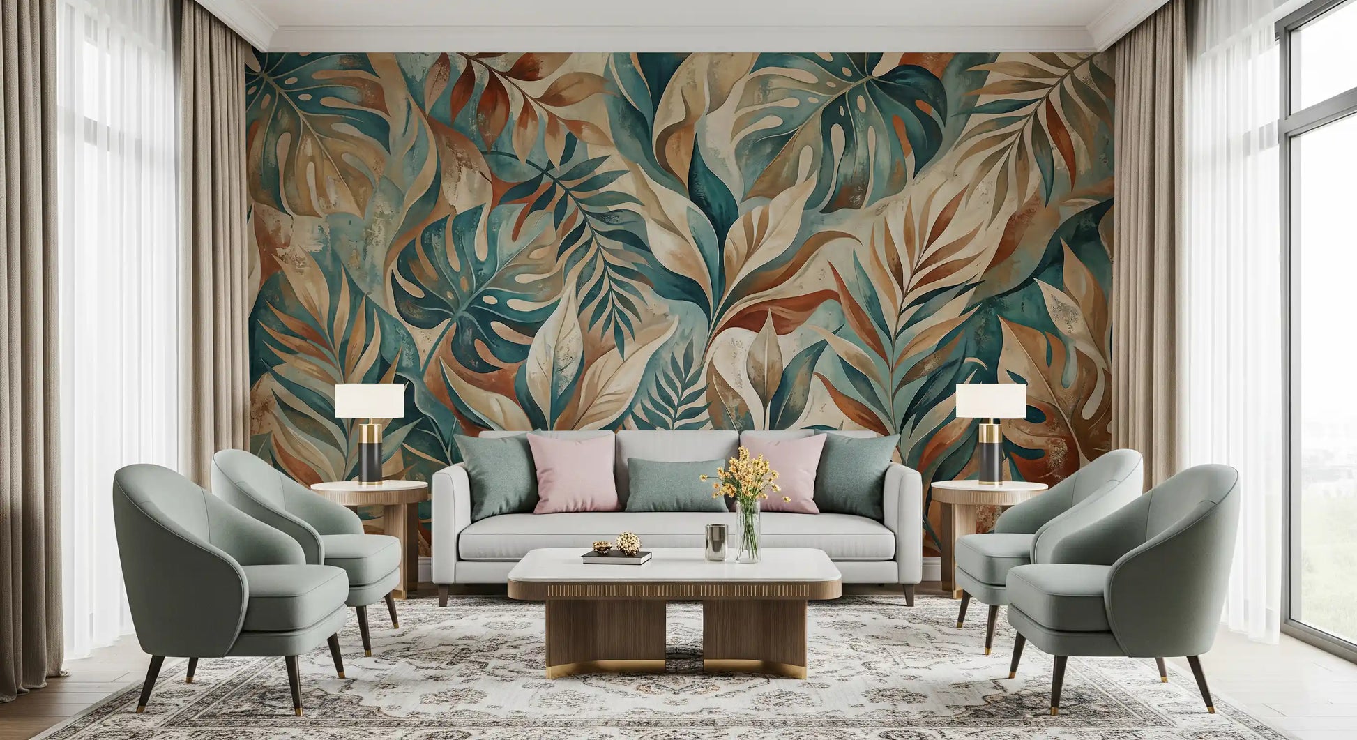 Aged plaster-style backdrop framing the painterly tropical leaf wall mural composition