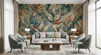 Aged plaster-style backdrop framing the painterly tropical leaf wall mural composition