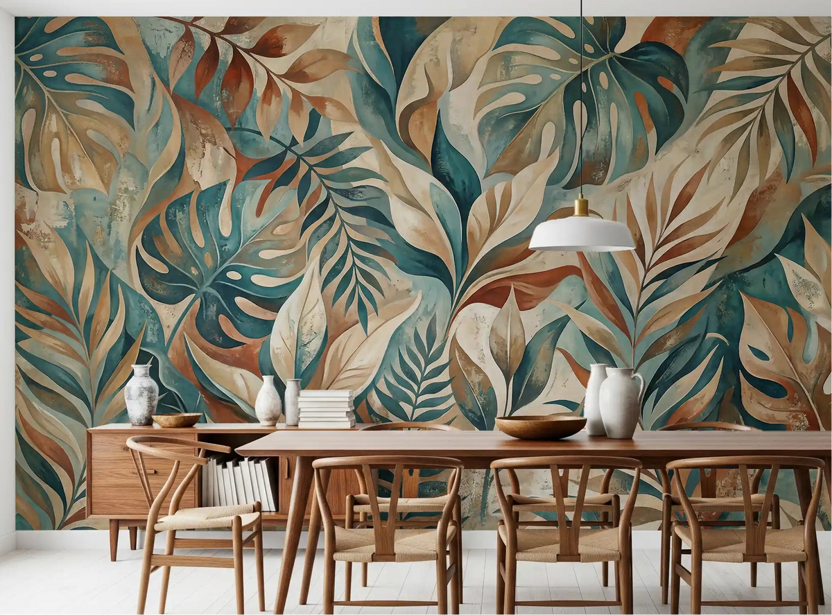 Dining room paired with Painterly Tropical Foliage wall mural backdrop