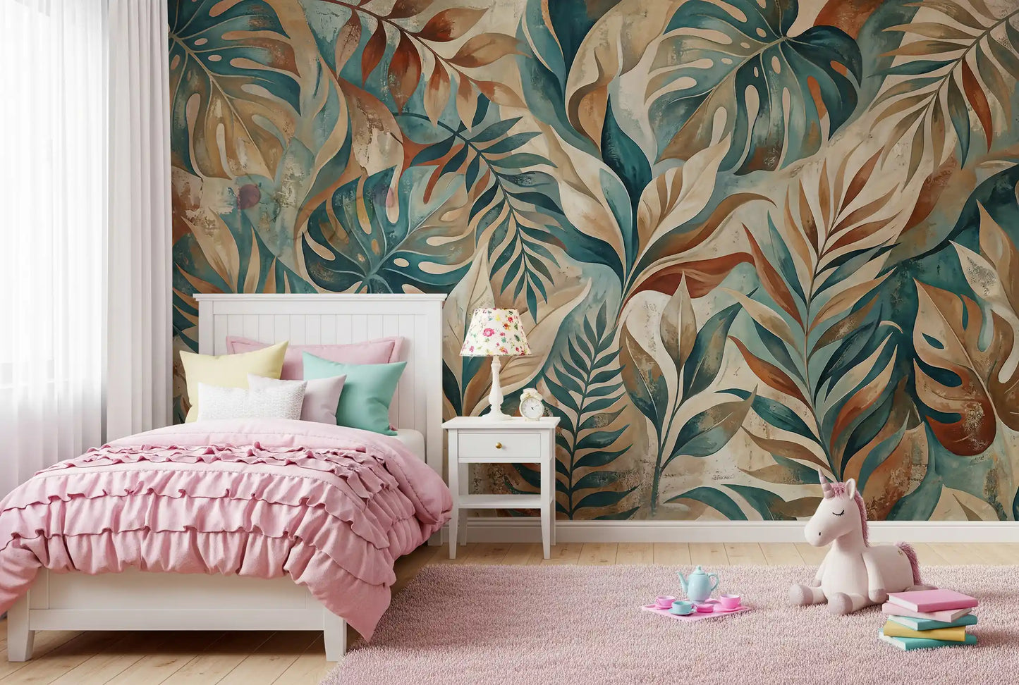 Kids Bedroom corner brightened by teal and terracotta tropical wall mural