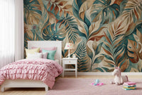 Kids Bedroom corner brightened by teal and terracotta tropical wall mural