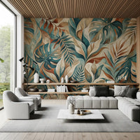 Quiet entryway hallway lined with earthy tropical foliage wall mural