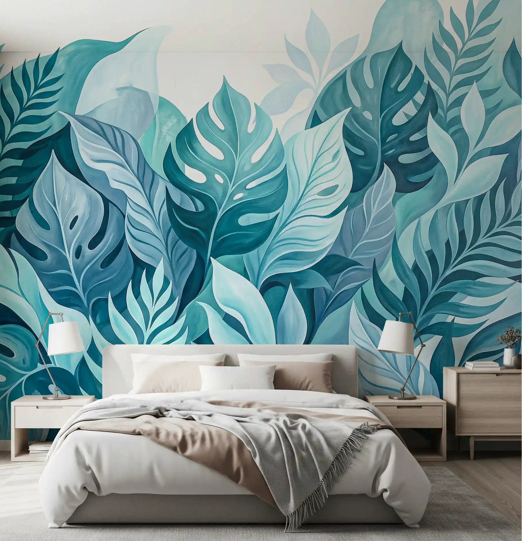 Bedroom paired with Aqua Botanical Oasis wall mural in calm teal tones