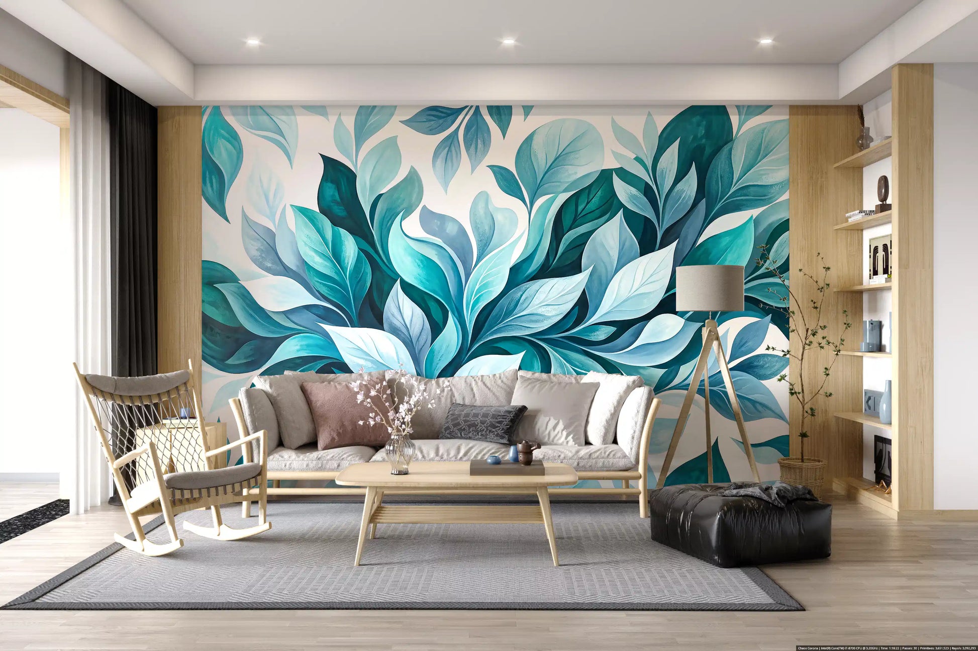 Sunlit lounge dressed in soft blue and emerald leaf wall mural