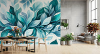 Soft blue and deep emerald leaves sweeping through teal foliage wall mural