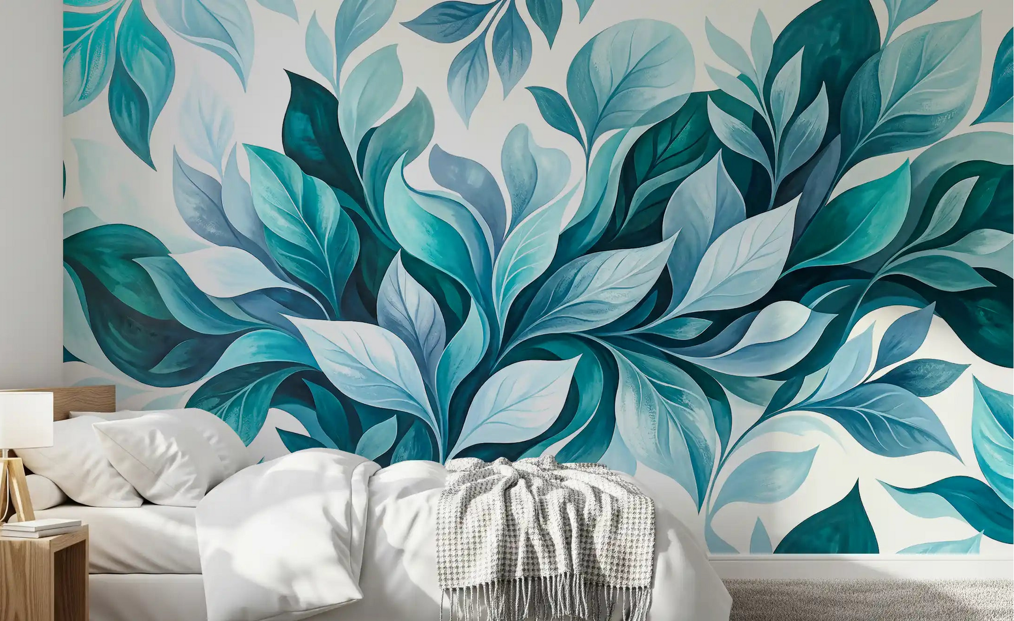 Calm bedroom styled with teal foliage flow wall mural in blue and green