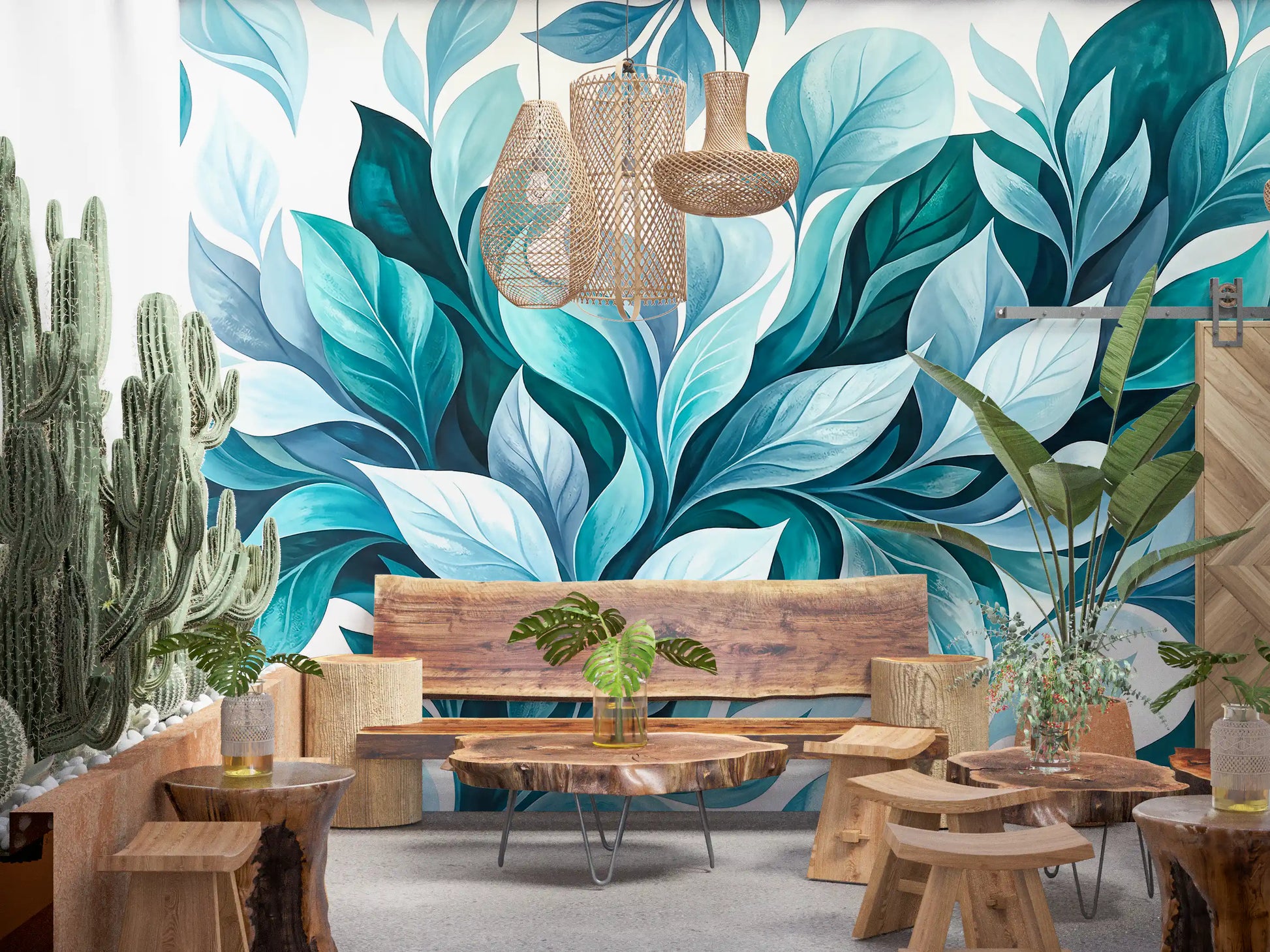 café and restaurant area backed by flowing teal leaf wall mural
