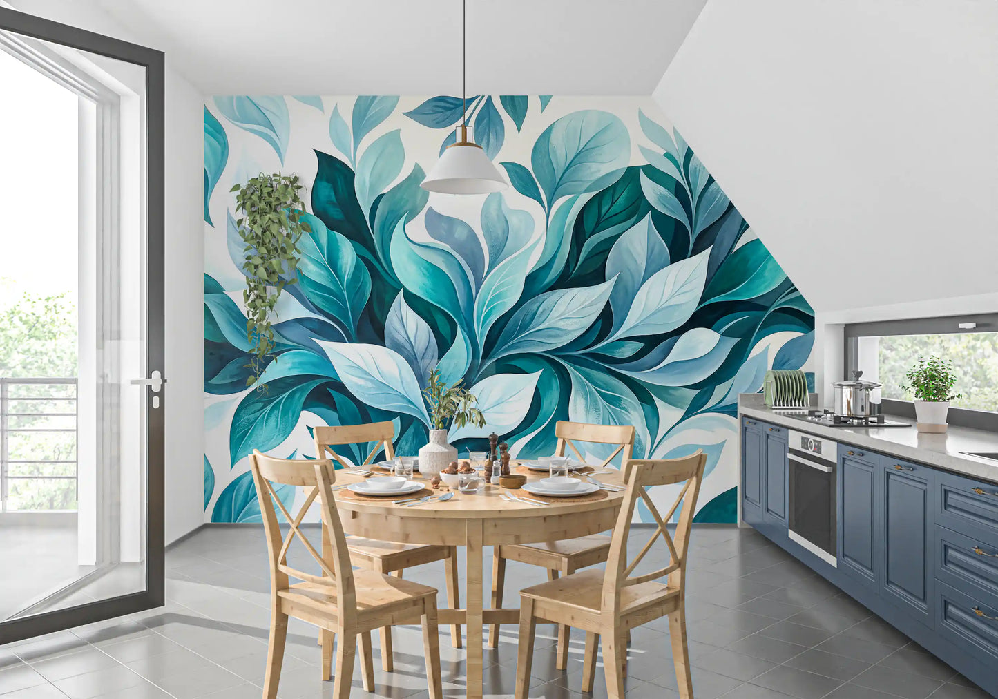 Airy kitchen-dining set against teal foliage flow wall mural