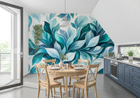 Airy kitchen-dining set against teal foliage flow wall mural