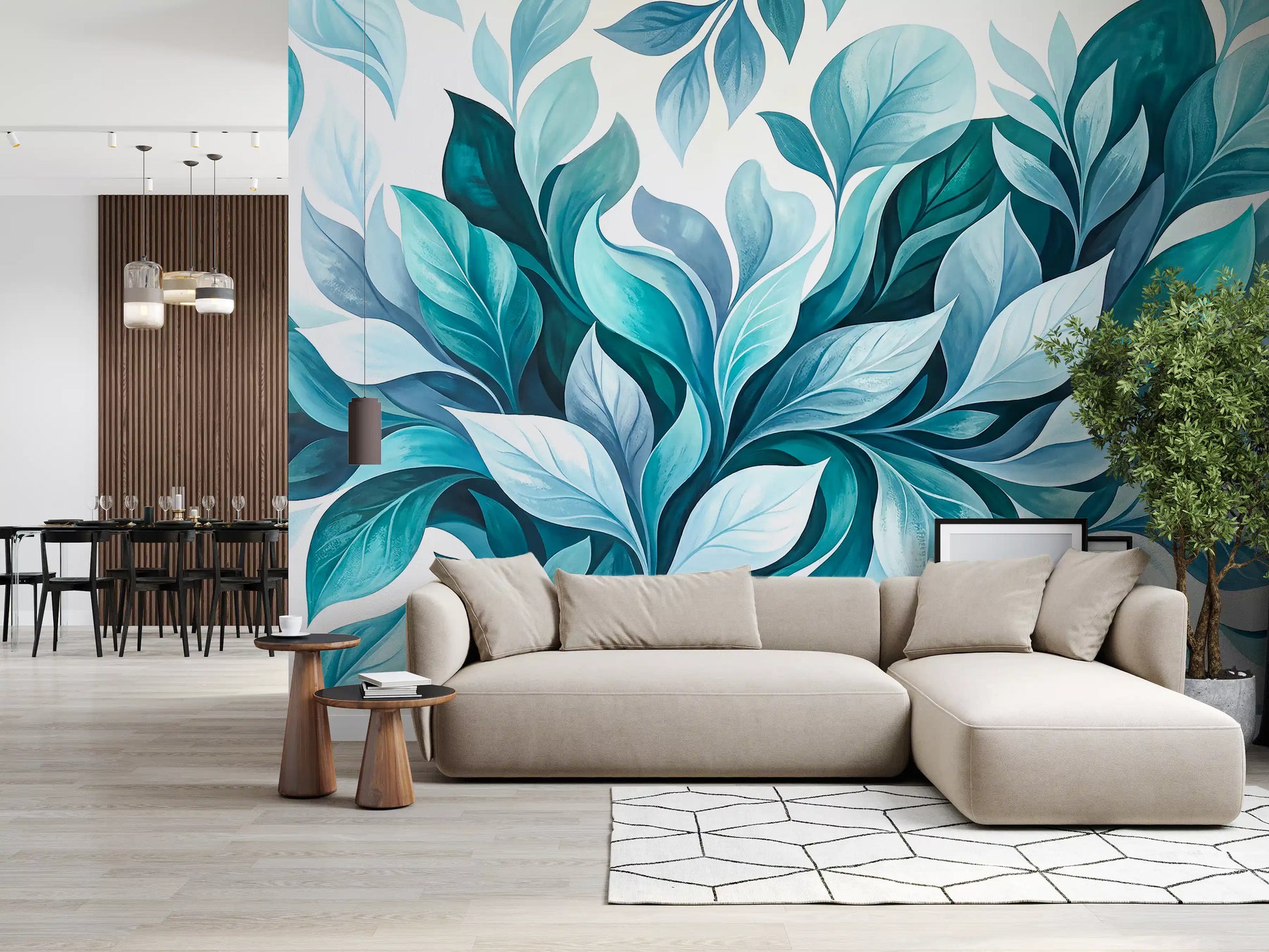 Bright Living room paired with brushed teal foliage wall mural