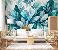 Modern living room finished with layered teal and blue leaf wall mural