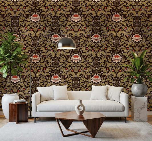 Living room paired with Arts and Crafts Botanical Tapestry wallpaper in olive and brown