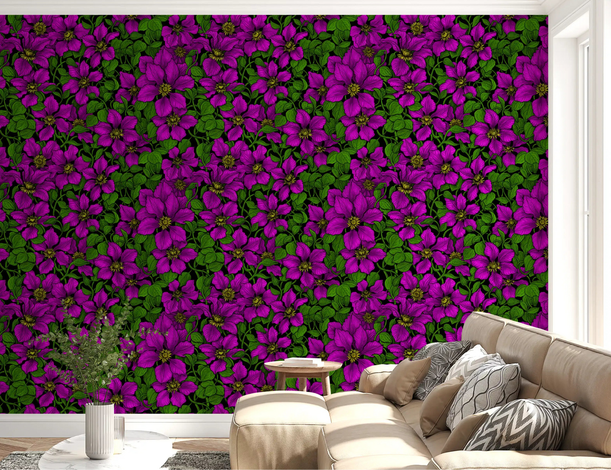 Living room paired with bold Pink Clematis Vine wallpaper backdrop