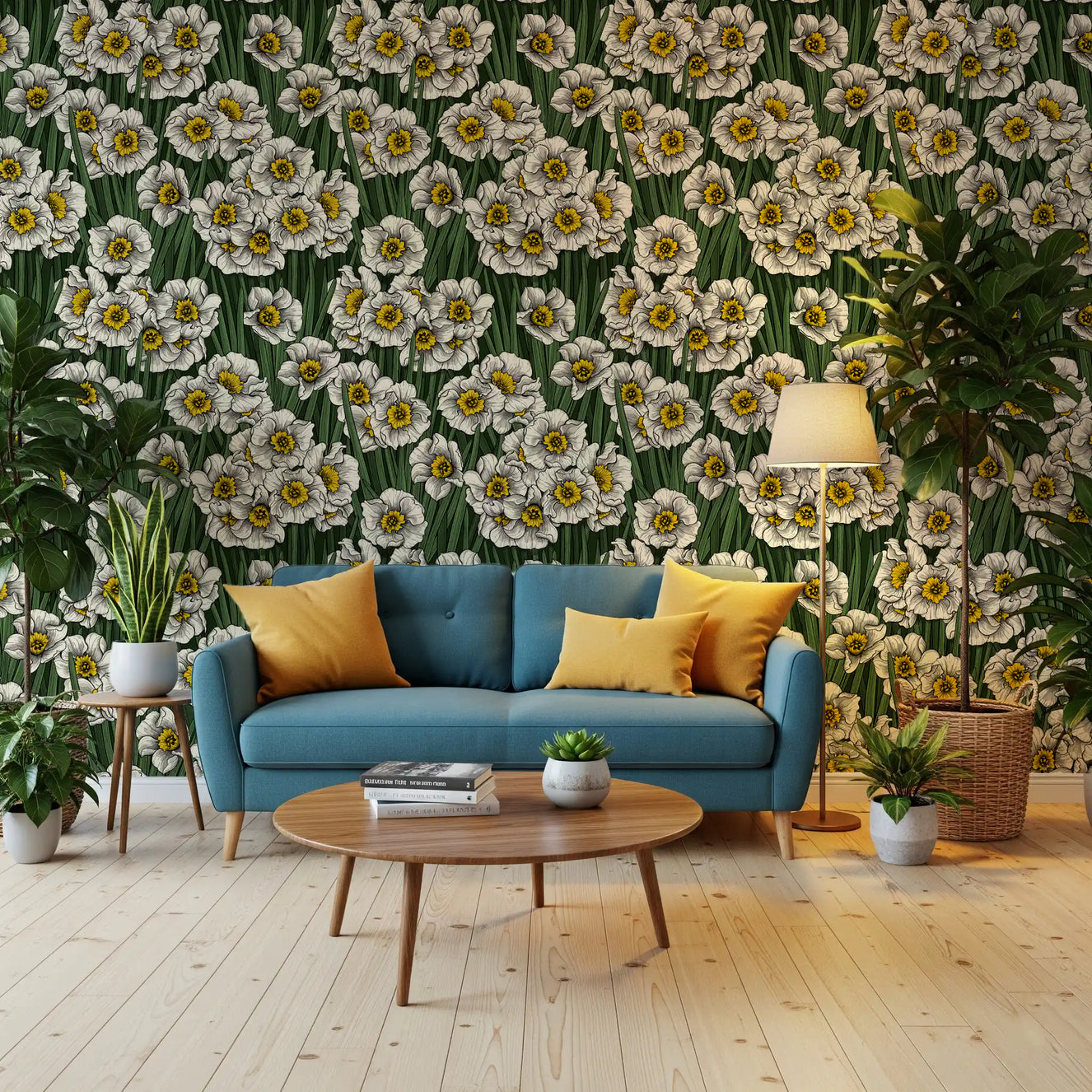Living room paired with Daffodils wallpaper in white yellow and forest green