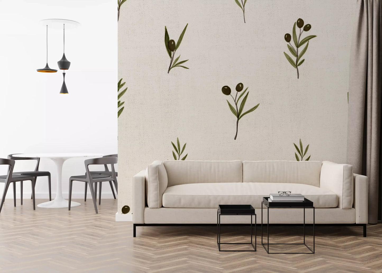 Bright lounge area highlighted by this beautiful botanical Canvas wallpaper pattern.