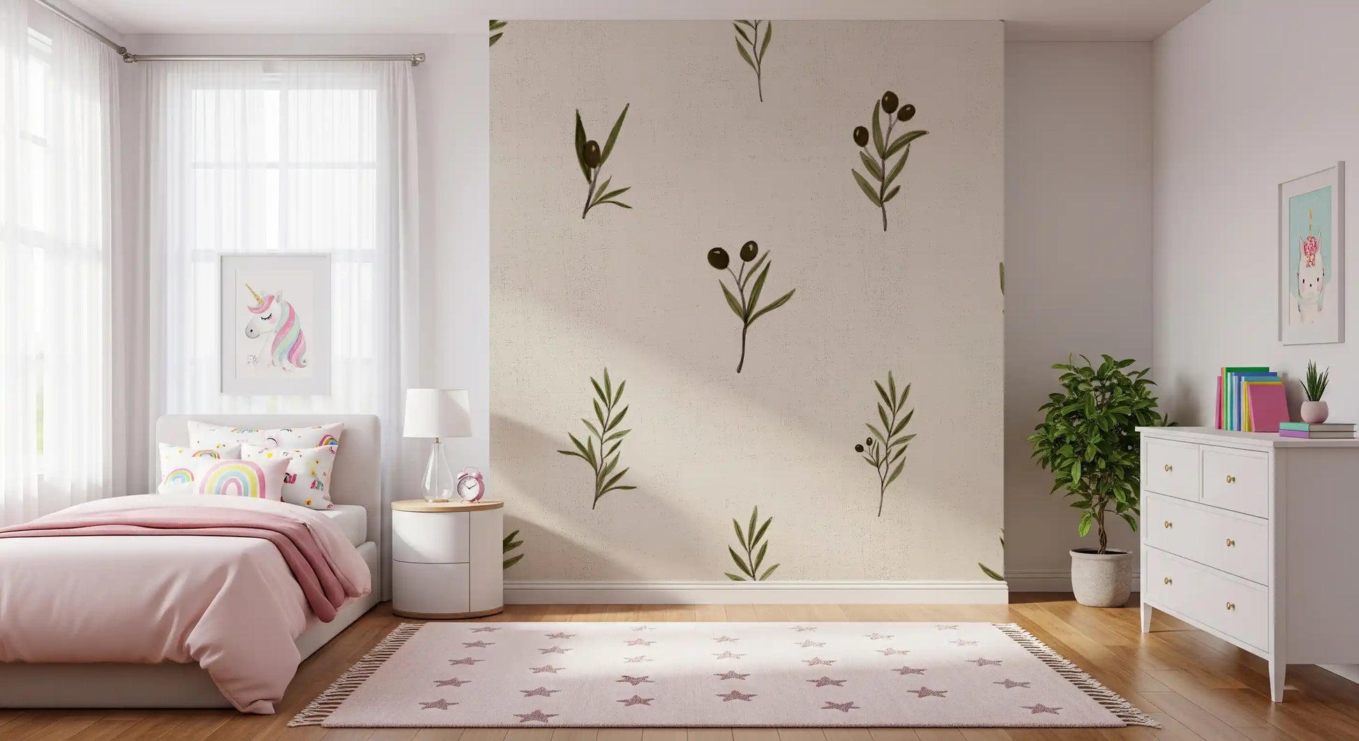 Cozy bedroom aesthetic featuring the Tuscany Olive Branches On Canvas Wallpaper