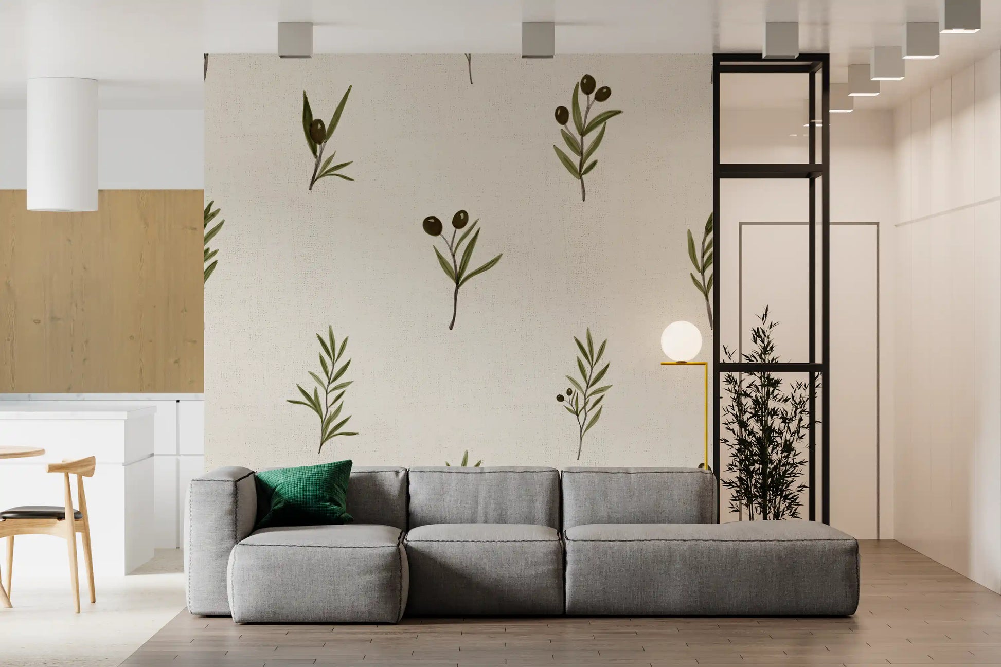 Repeating botanical foliage seen across the surface of this Olive wallpaper