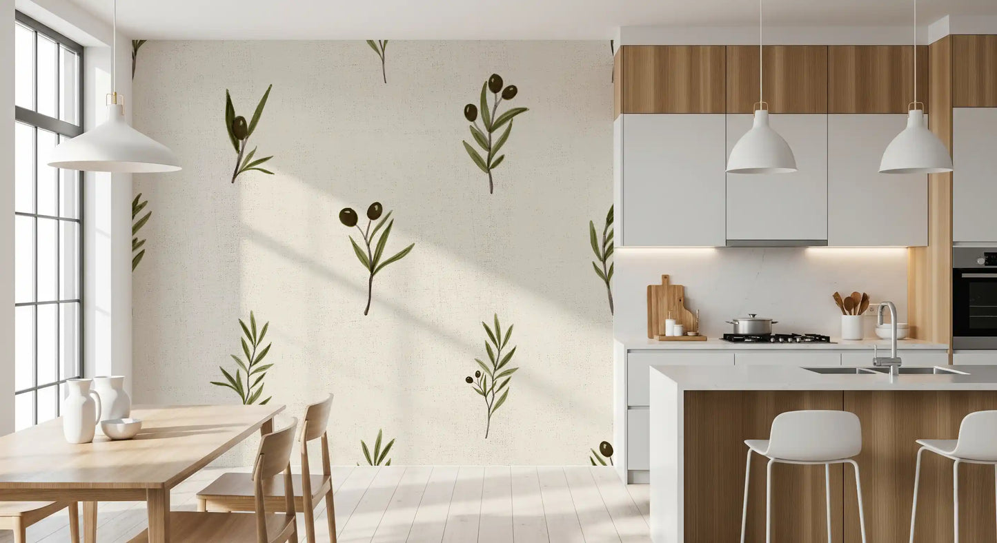 Delicate Olive wallpaper enhancing the atmosphere of a modern kitchen dining space