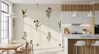 Delicate Olive wallpaper enhancing the atmosphere of a modern kitchen dining space