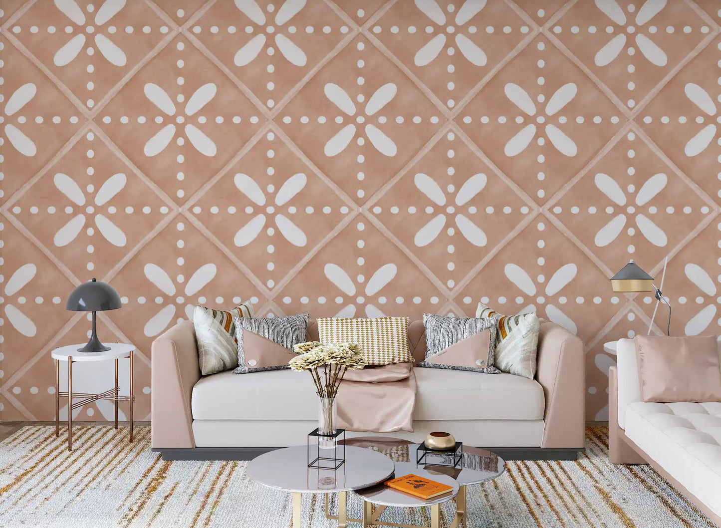 A modern living room displaying the Tuscany Cotto Tiles Wallpaper.