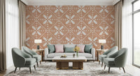 The lounge area features an earthy Tuscany wallpaper pattern.