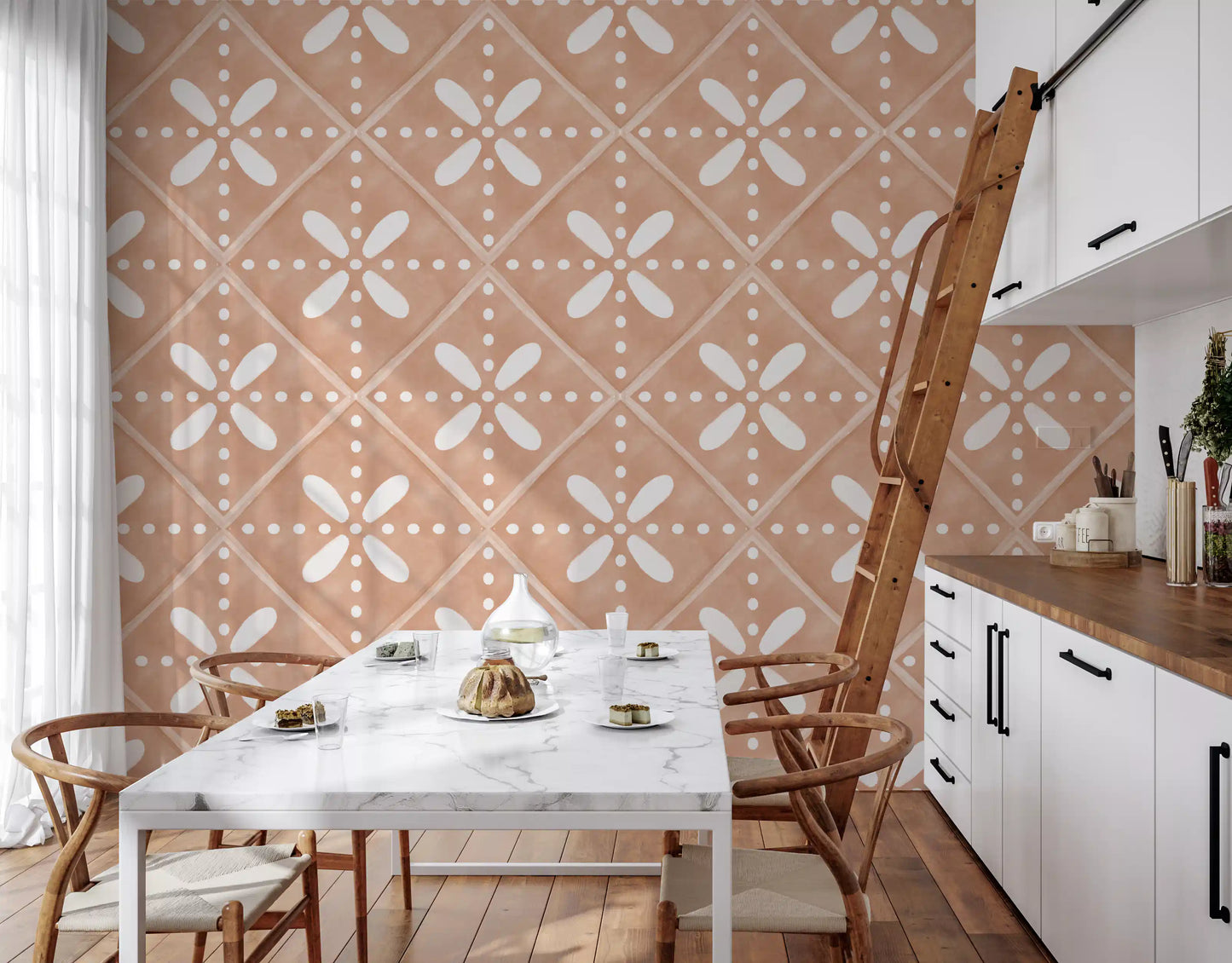 Classic kitchen-dining space styled with Tuscany Cotto Tiles Wallpaper.