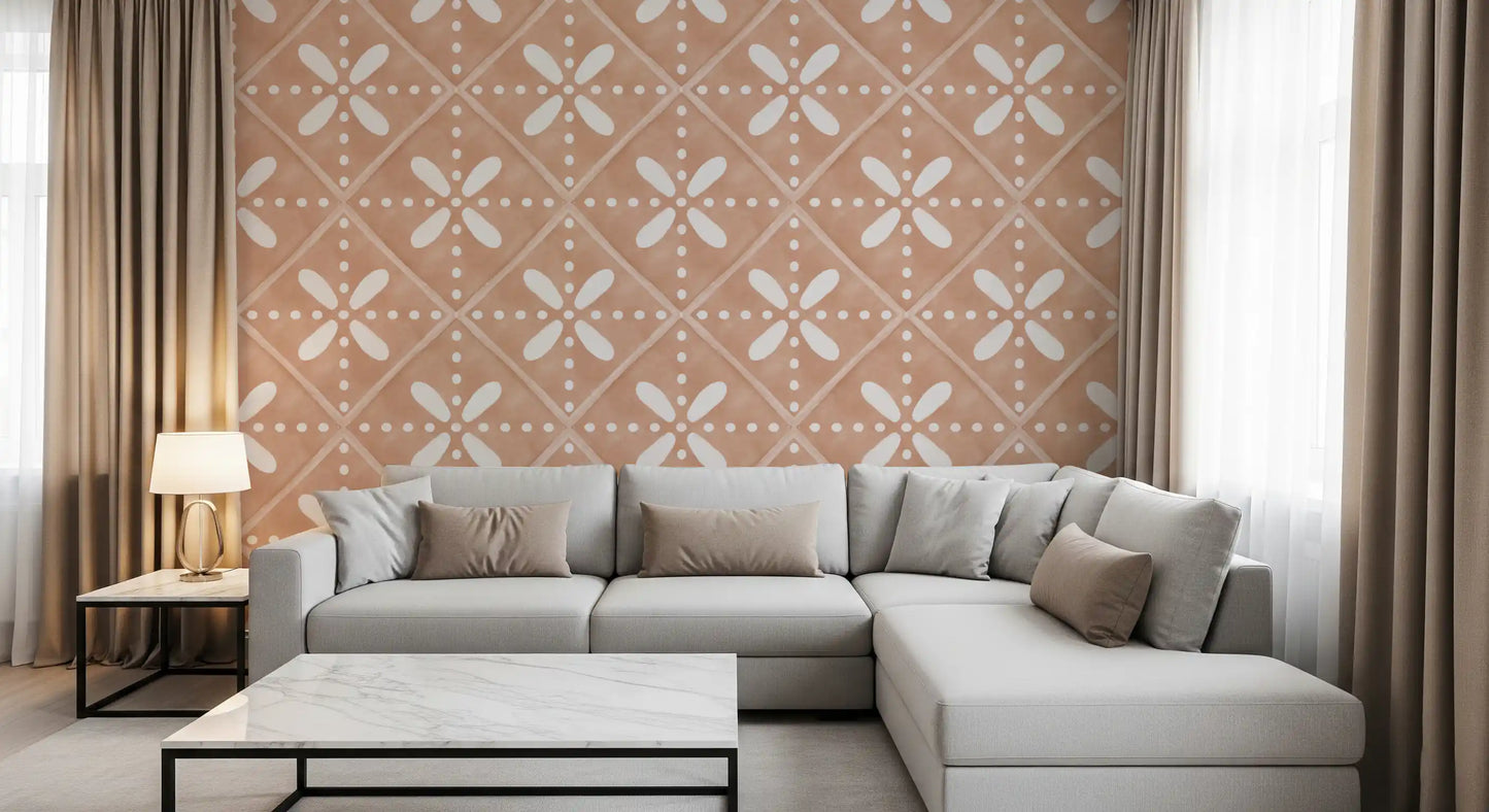 Close up of the terracotta and white Tuscany wallpaper pattern.