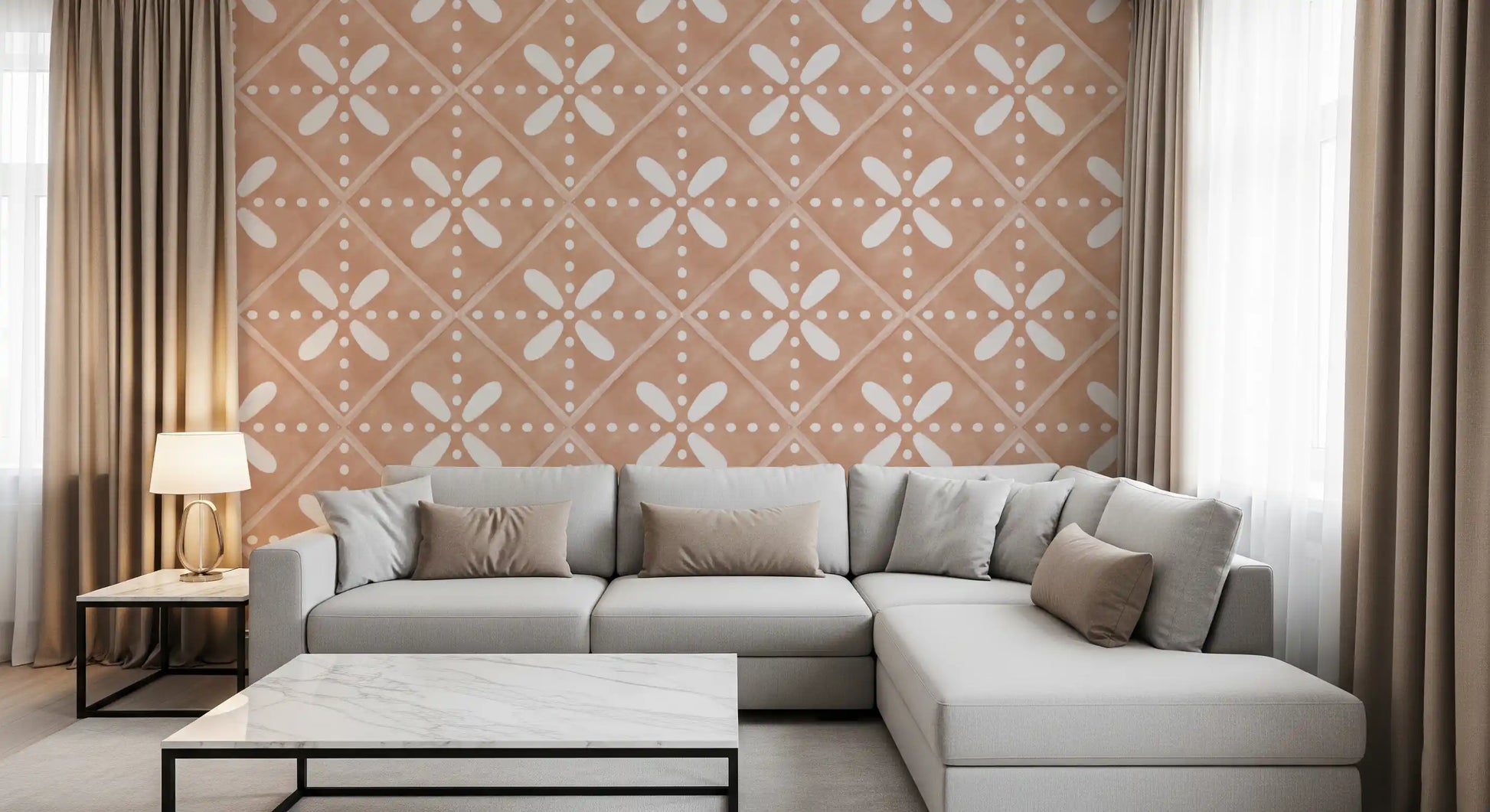 Close up of the terracotta and white Tuscany wallpaper pattern.