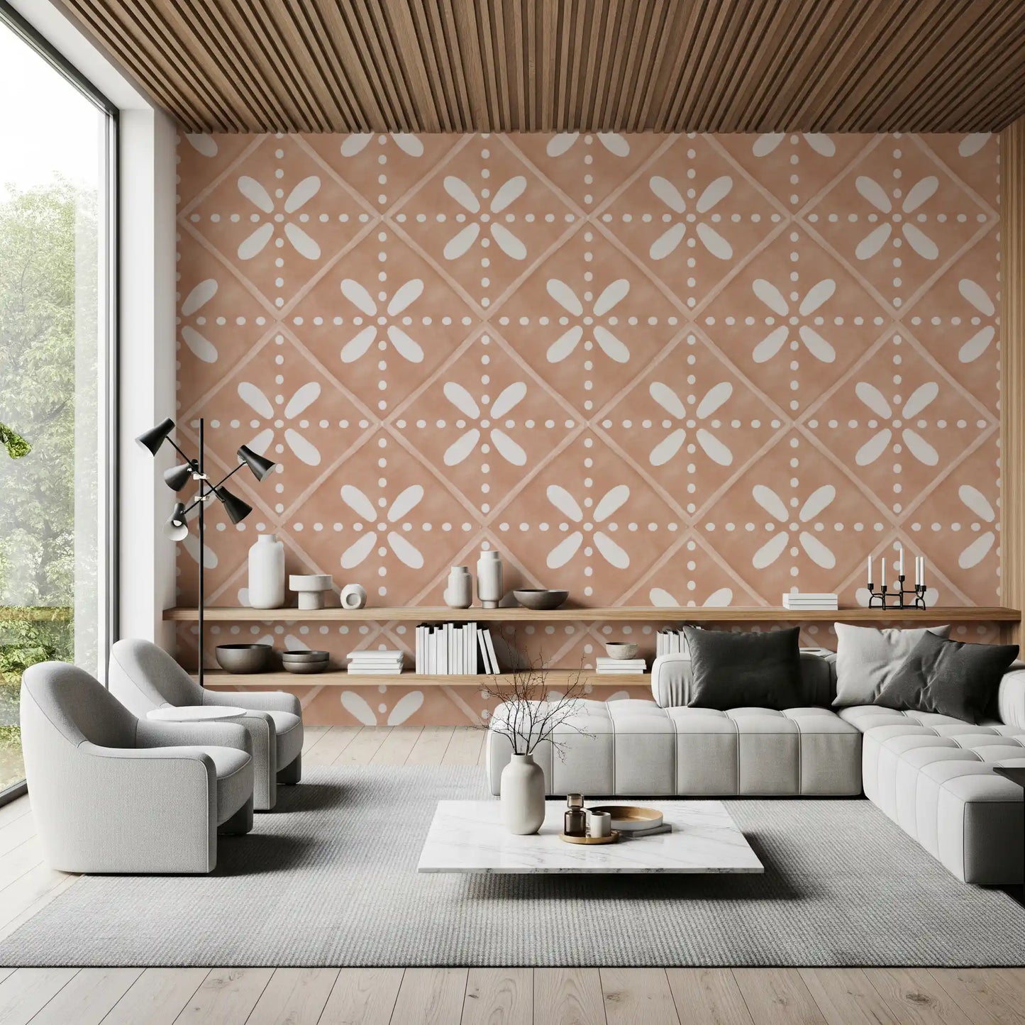 A serene Living room featuring a warm terracotta Tiles wallpaper.