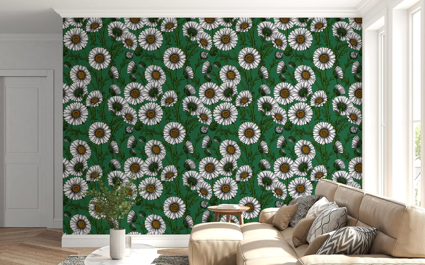 Daisies on emerald green Wallpaper⁠