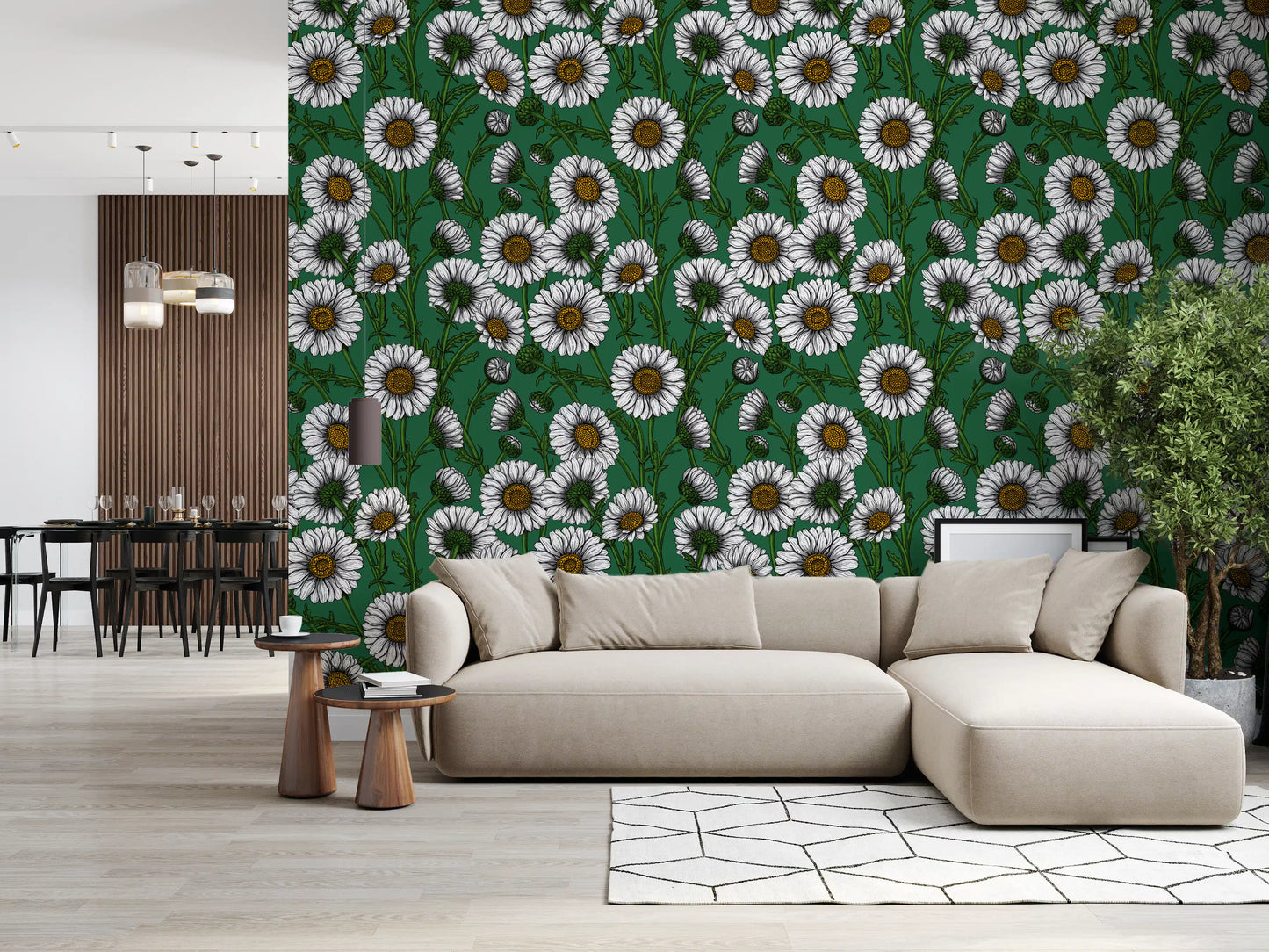 Daisies on emerald green Wallpaper⁠