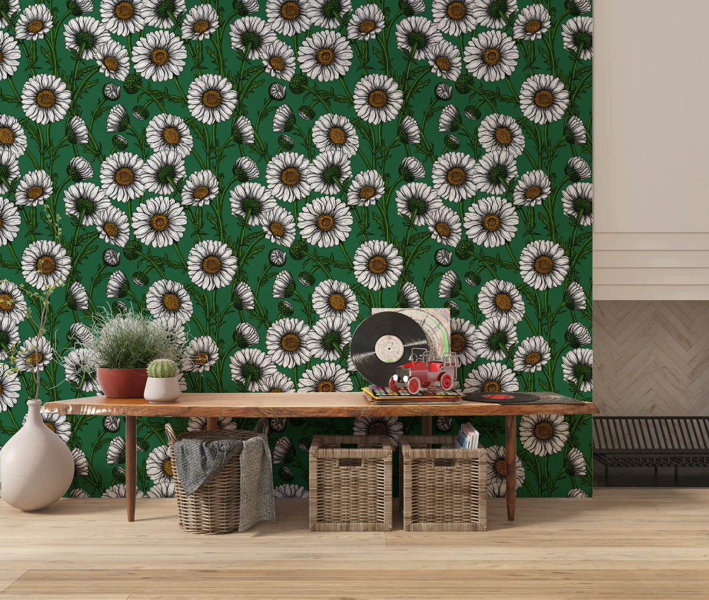 Daisies on emerald green Wallpaper⁠