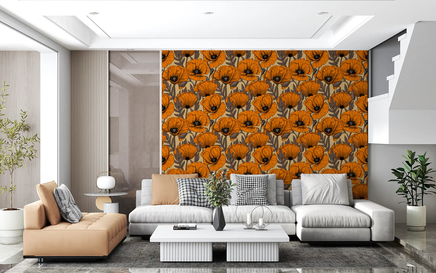 Detailed poppy wallpaper enhancing the aesthetic of a large living room.