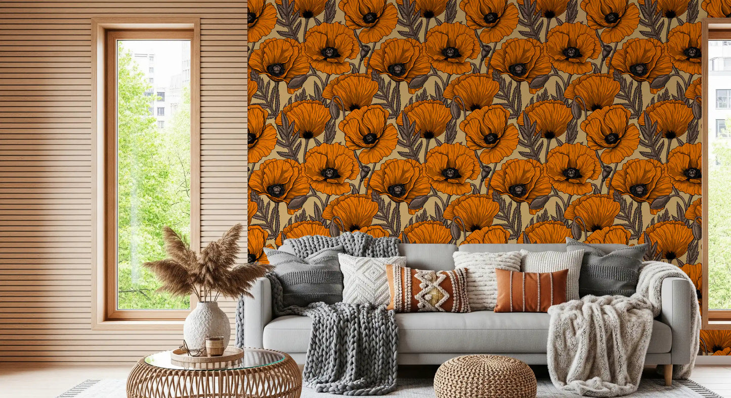 A cozy lounge area featuring the Orange poppy garden Wallpaper.