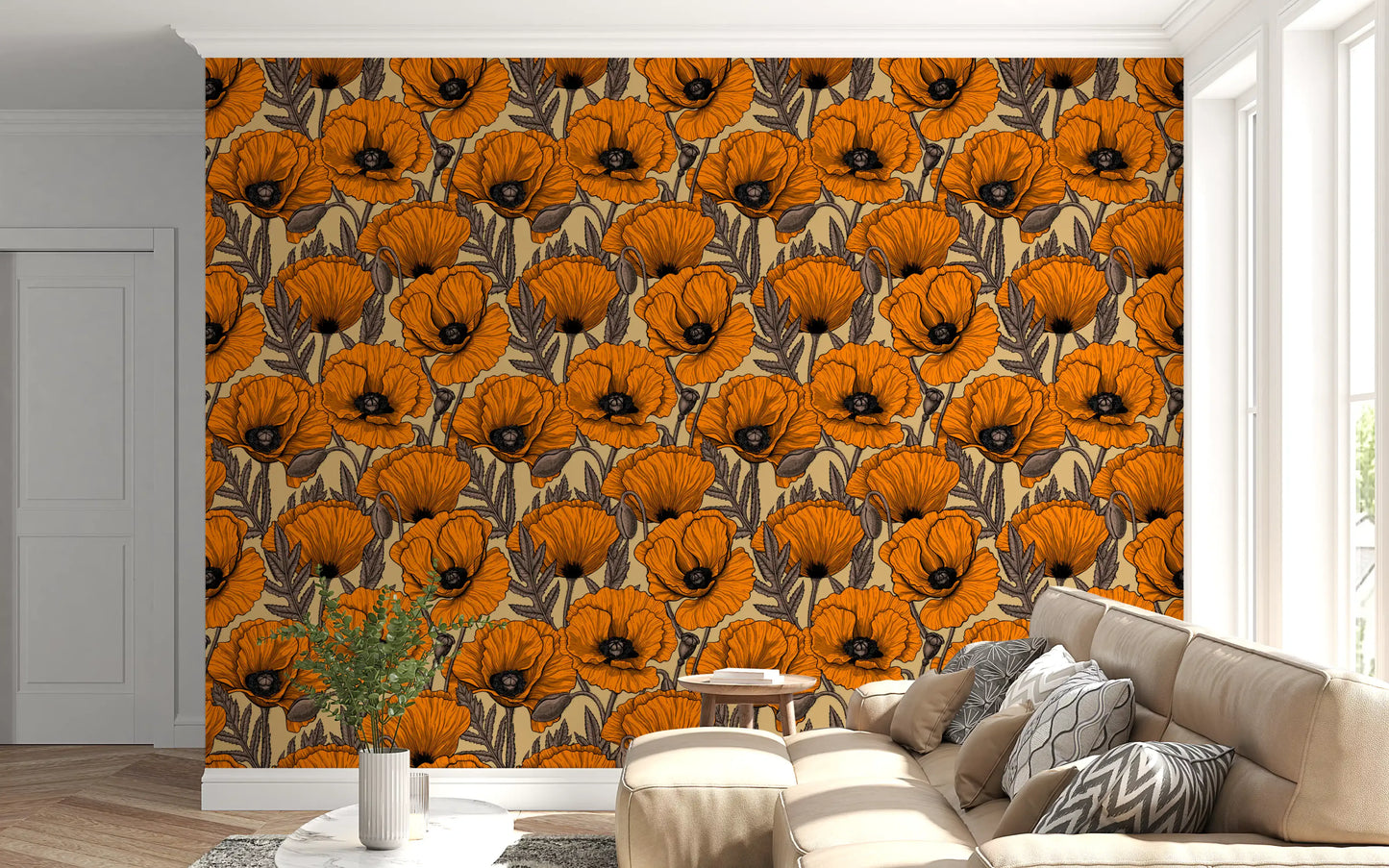 Detailed dark leaves visible throughout the Orange poppy garden Wallpaper.
